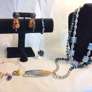 Lot of Mixed Costume Jewelry Glass Blue Faceted Charm Bracelet Necklace Earring+